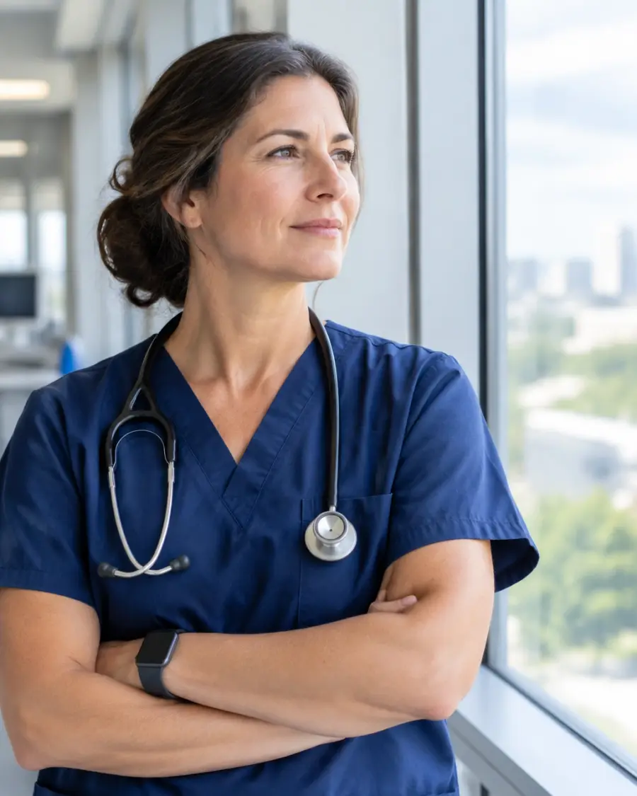 Nurse leader looking thoughtfully toward a bright hospital window